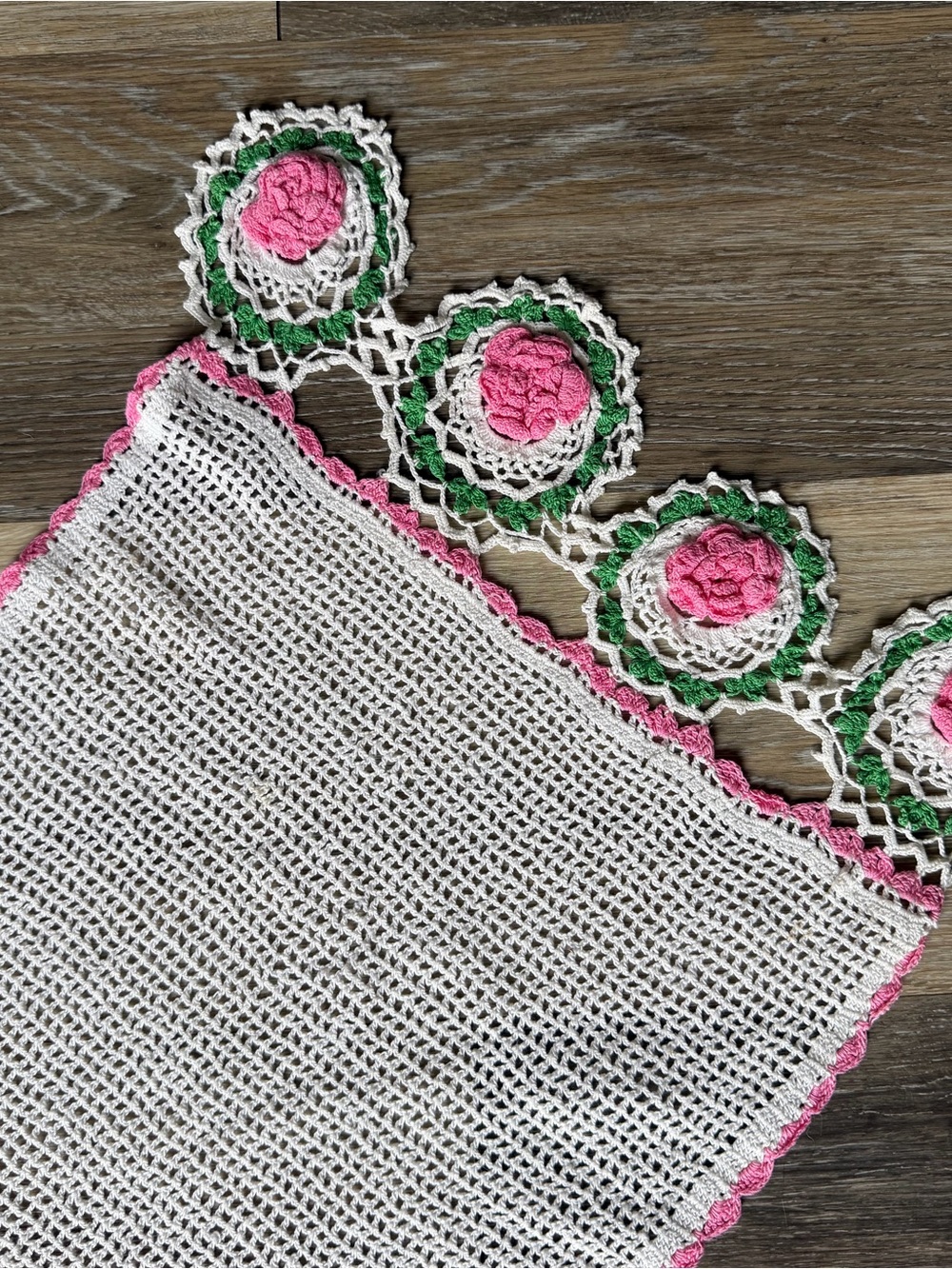 Handmade Crocheted Doily Runner with Pink Rose Trim